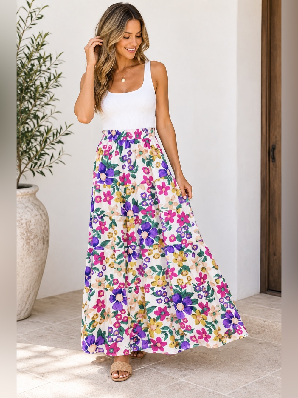 Petal & Pup Floral Tiered Maxi Skirt Smocked Waist Boho Cottagecore Small